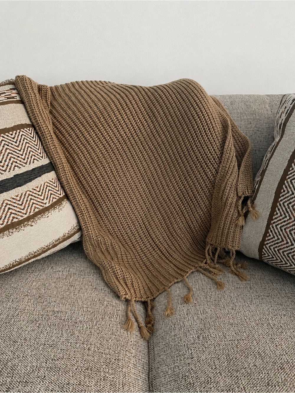 Pottery Barn Tan Crochet Knit Throw Blanket With Tassel Fringe